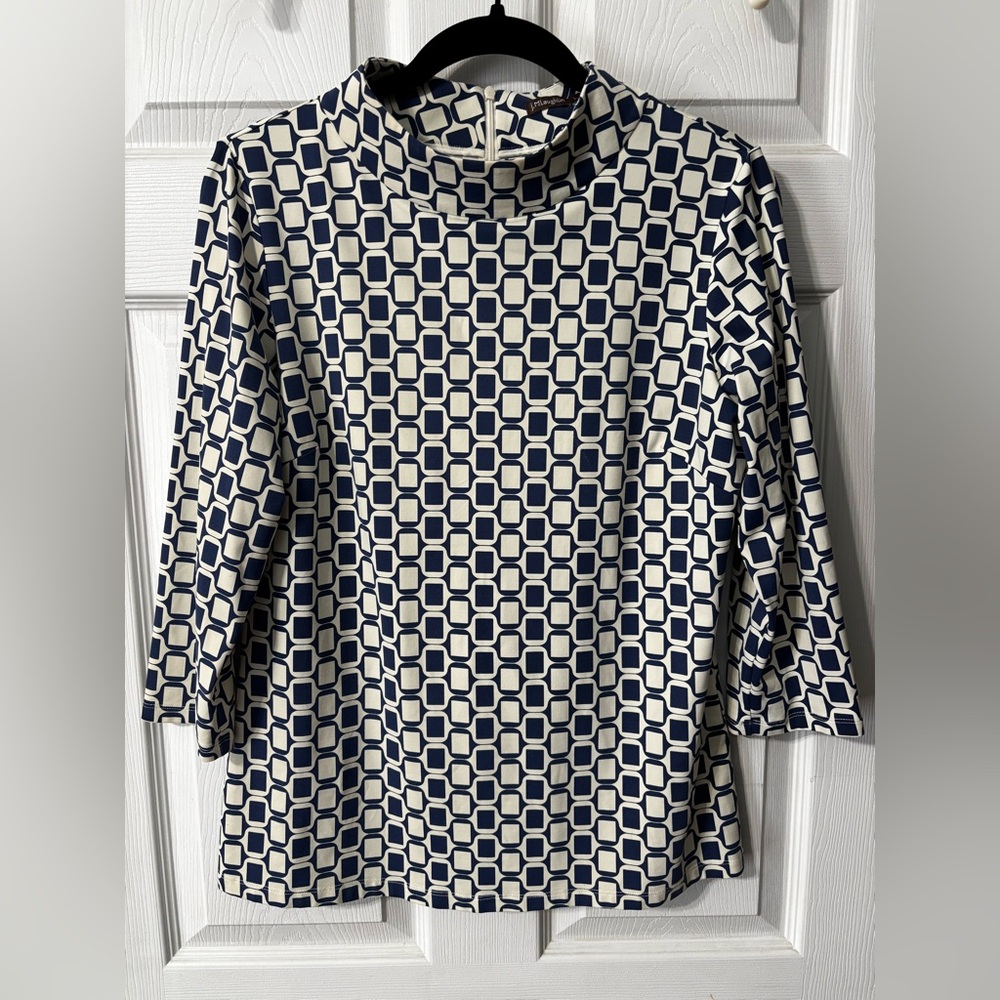 J. McLaughlin Womens Mock Neck Top | Large | Geometric | Catalina Cloth 3/4 Slv